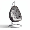 Hanging egg chair with cushioned seat for indoor and outdoor use in gray wicker