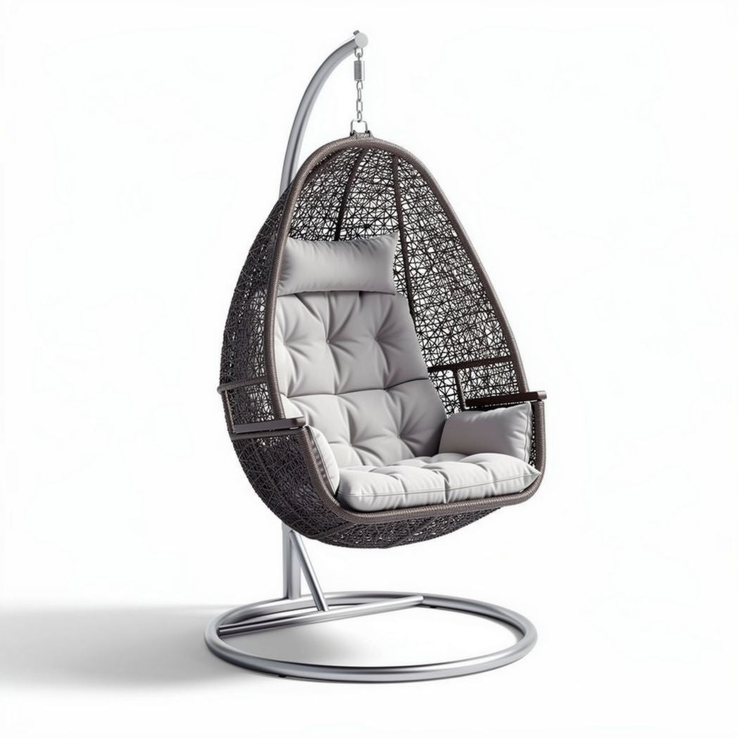 Hanging egg chair with cushioned seat for indoor and outdoor use in gray wicker