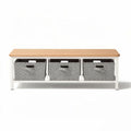 Storage bench with three gray woven baskets and natural wood top 100 x 40 x 45cm