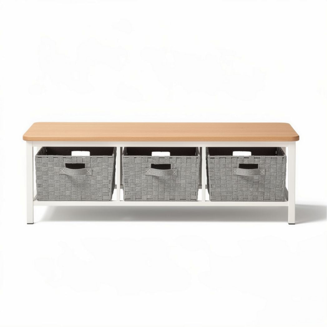 Storage bench with three gray woven baskets and natural wood top 100 x 40 x 45cm