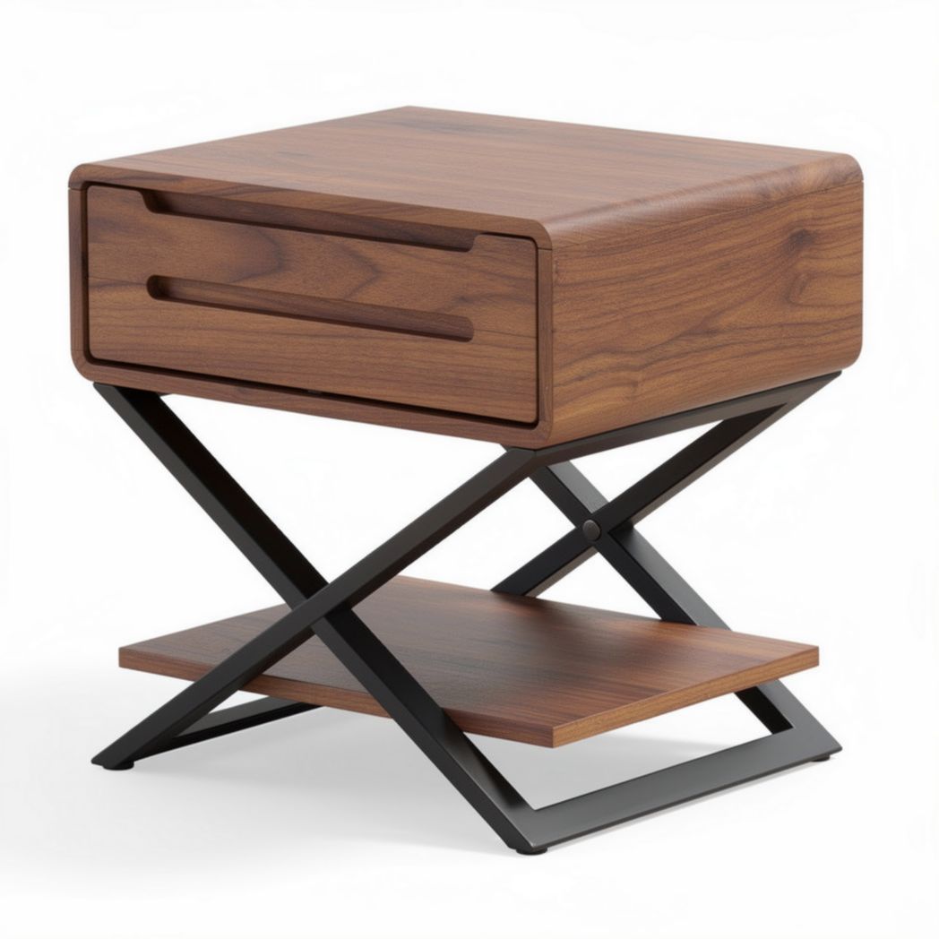 Wooden nightstand with two drawers and metal frame for bedroom storage