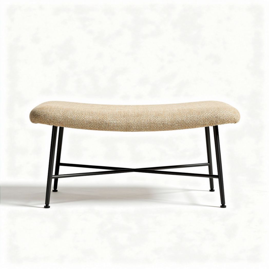 Upholstered ottoman footrest in beige fabric with black metal legs 100 x 50 x 40cm