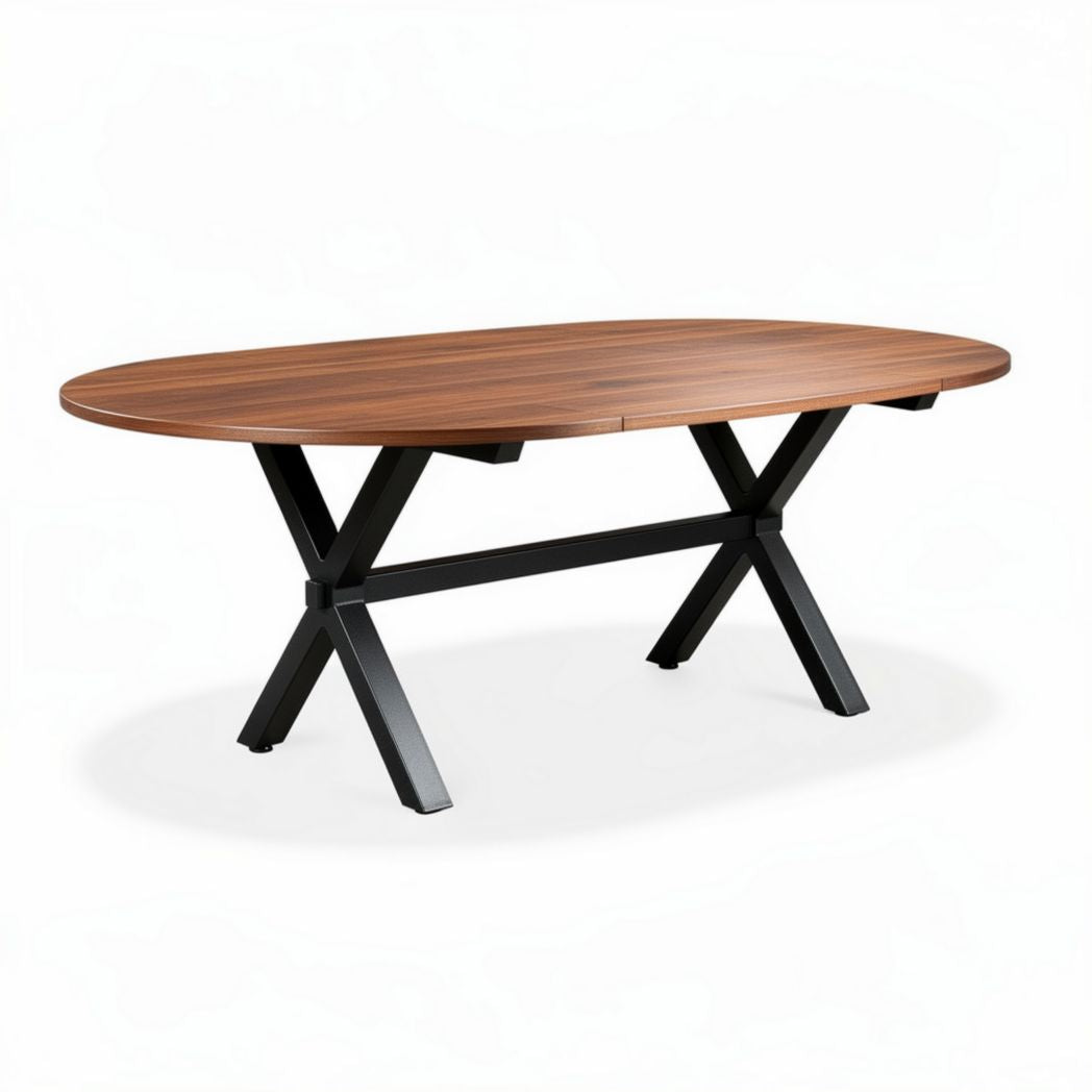 Oval wooden dining table with black metal base 200 x 100 x 75cm