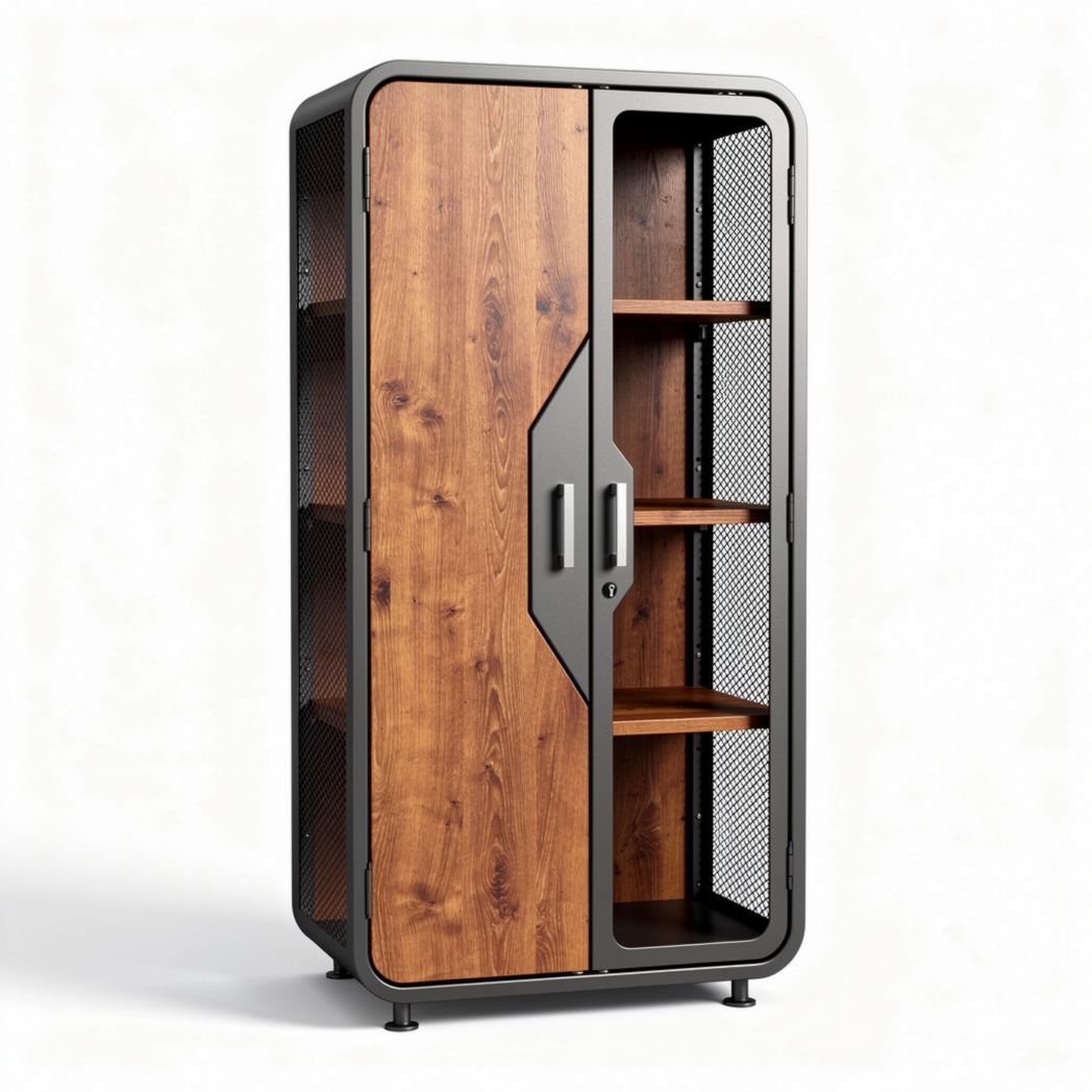 Metal and wood storage cabinet with mesh doors 180 x 90 x 40cm