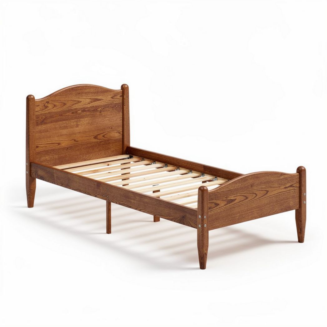 Solid wood bed frame with slatted base designed for twin size mattress