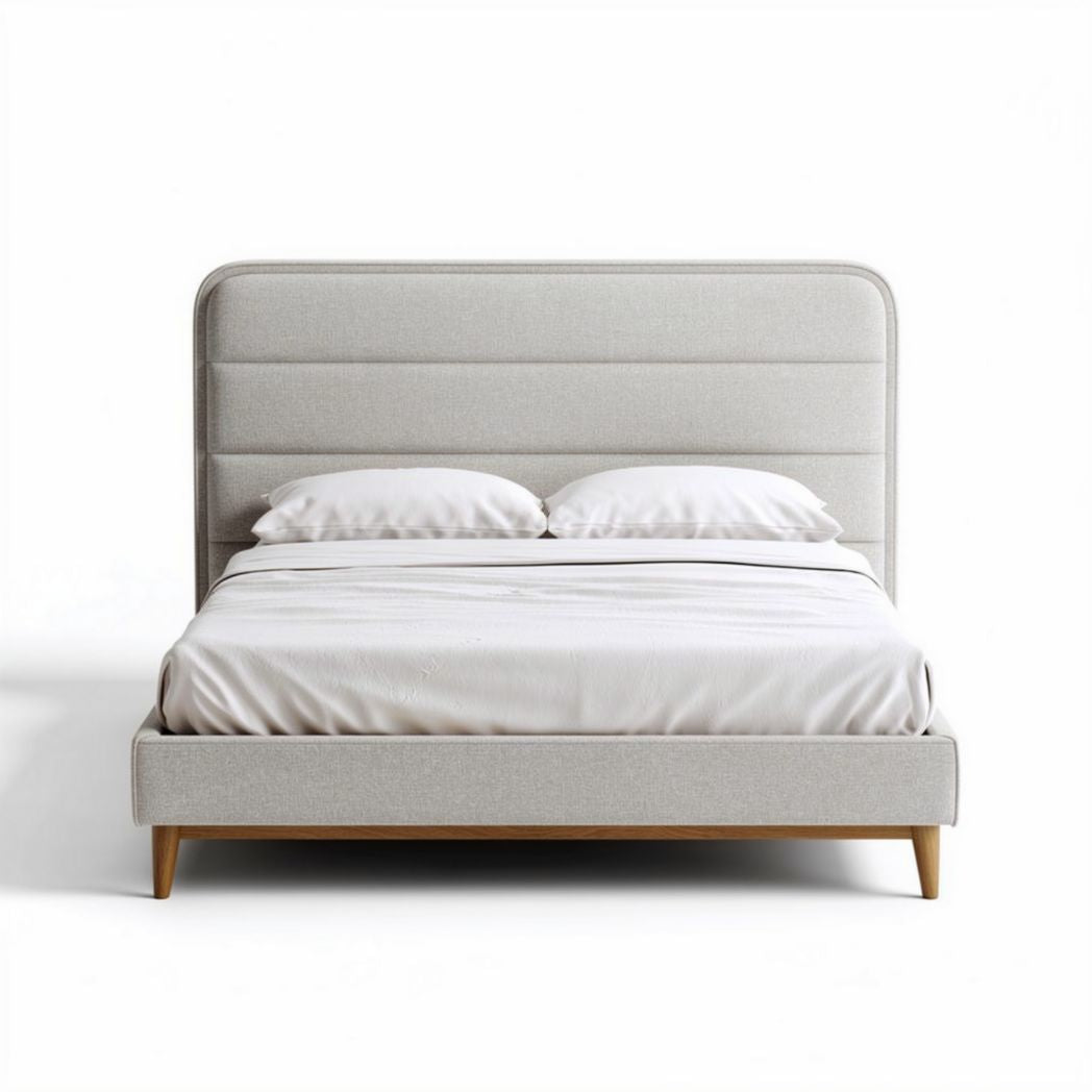 Fabric upholstered bed frame with wooden legs and headboard queen size 200 x 160 x 100cm