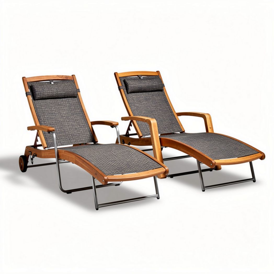 Lounge chair set with adjustable reclining position in gray fabric and wood finish
