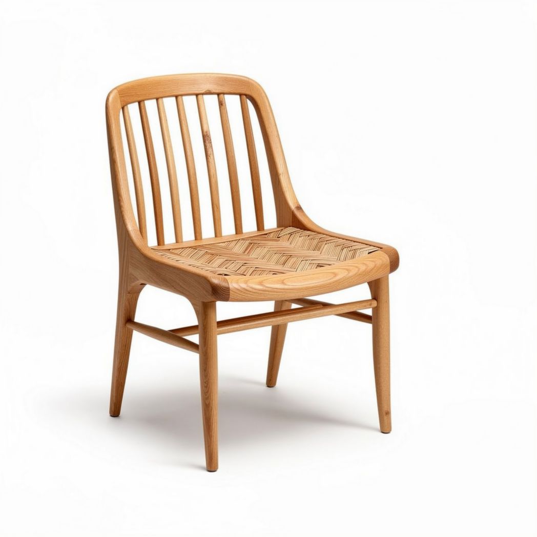 Natural wood dining chair with woven seat design and ergonomic backrest