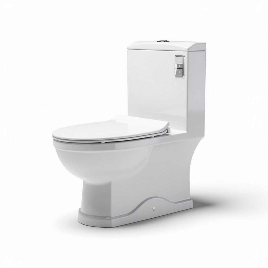 One-piece elongated toilet with water-saving design and easy-clean surface