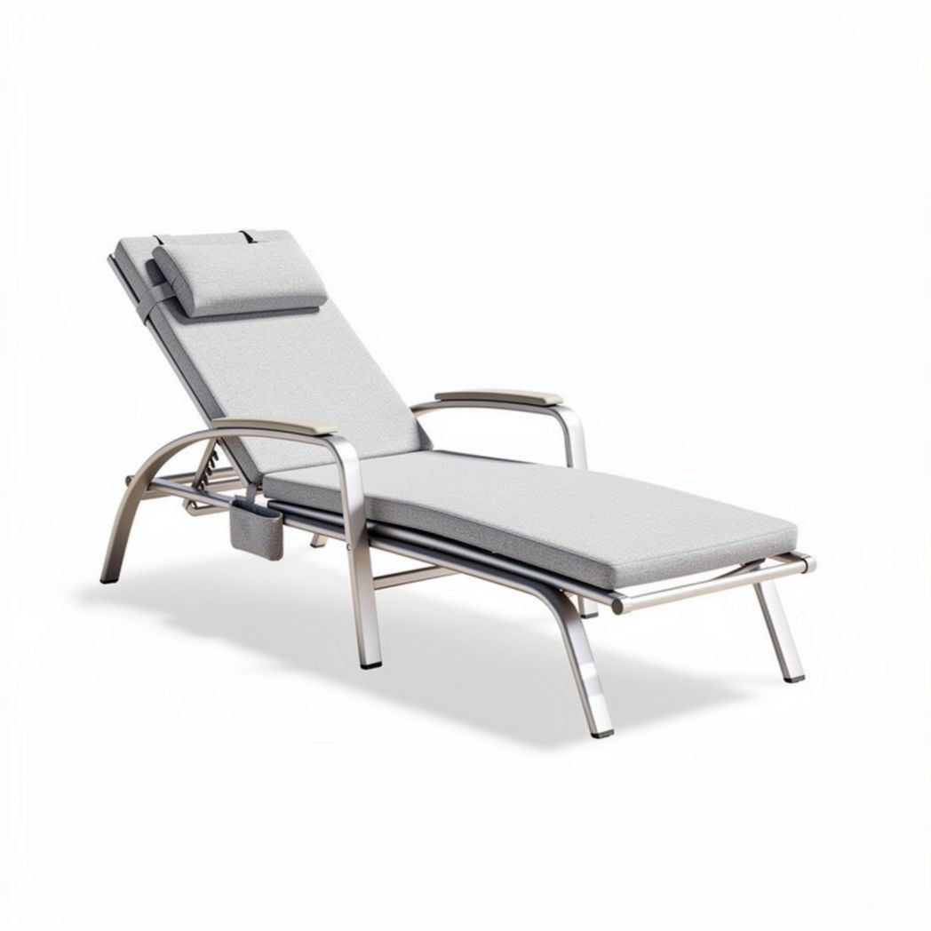 Aluminum lounging chair with adjustable headrest in gray fabric 200 x 70 x 30cm