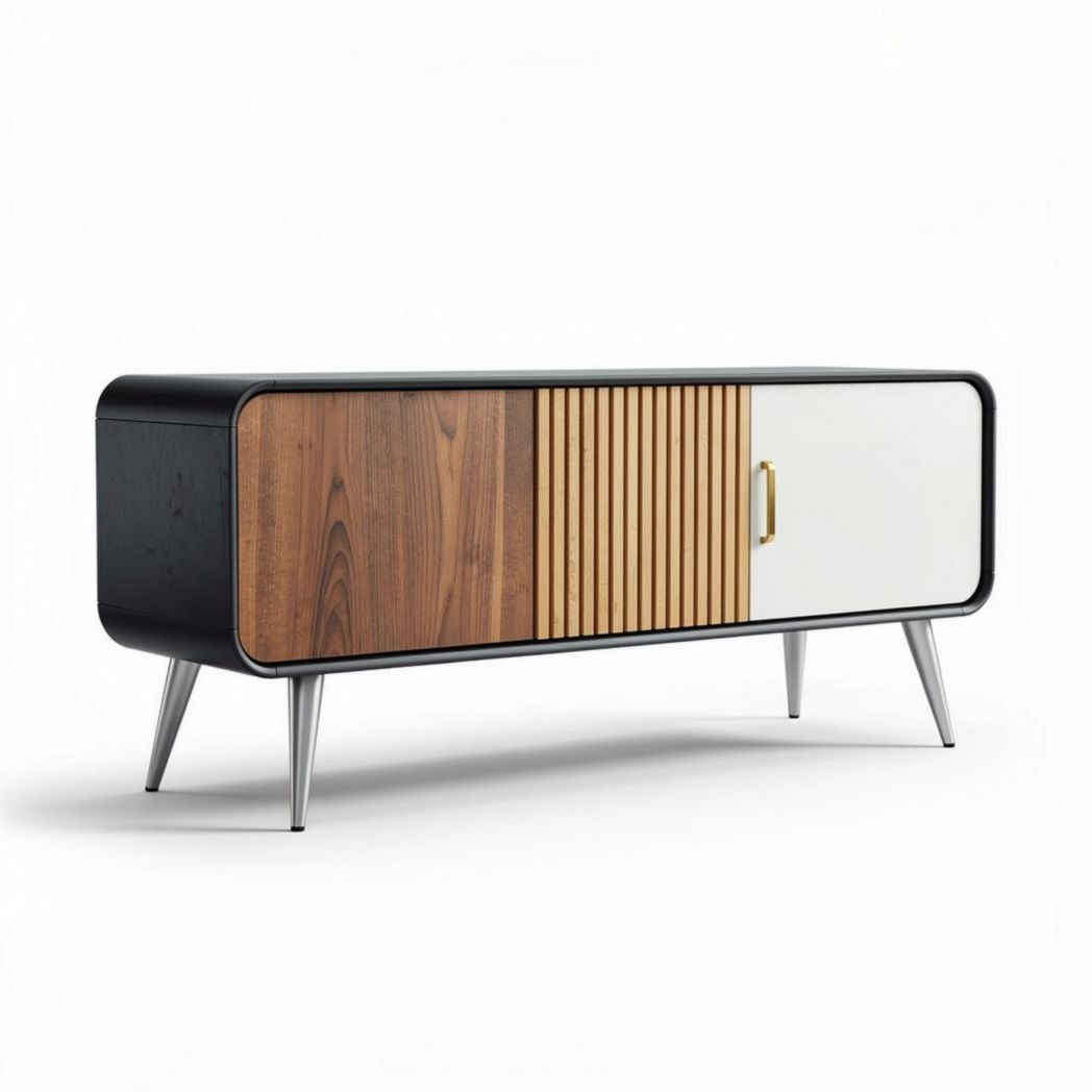 Modern wooden tv stand with sliding doors and metal legs 150 x 40 x 50cm