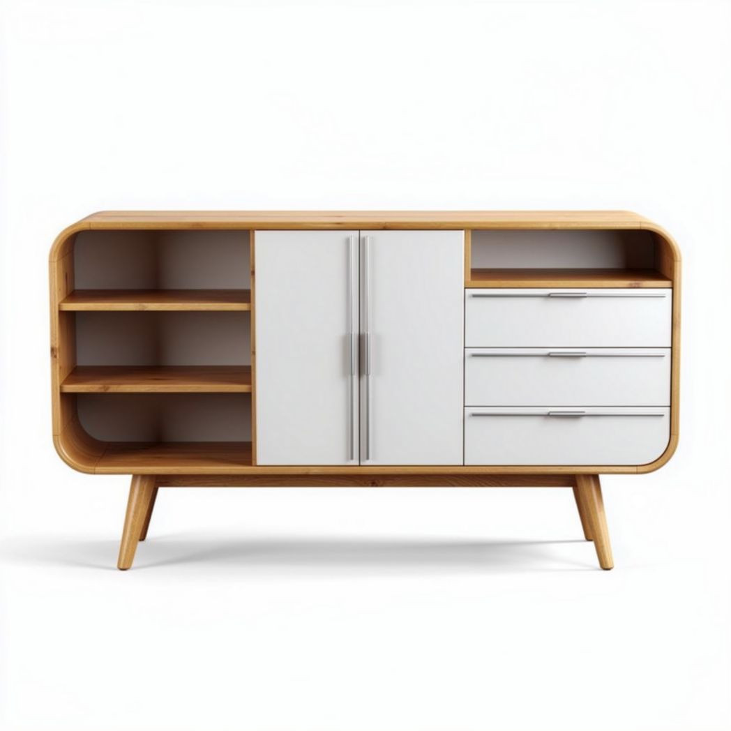 Bamboo storage cabinet with white doors and three drawers for living room use