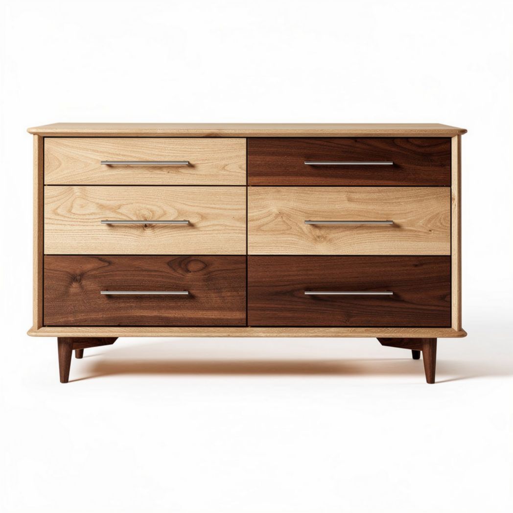 Wooden dresser with six drawers in maple and walnut finish 150 x 45 x 75cm